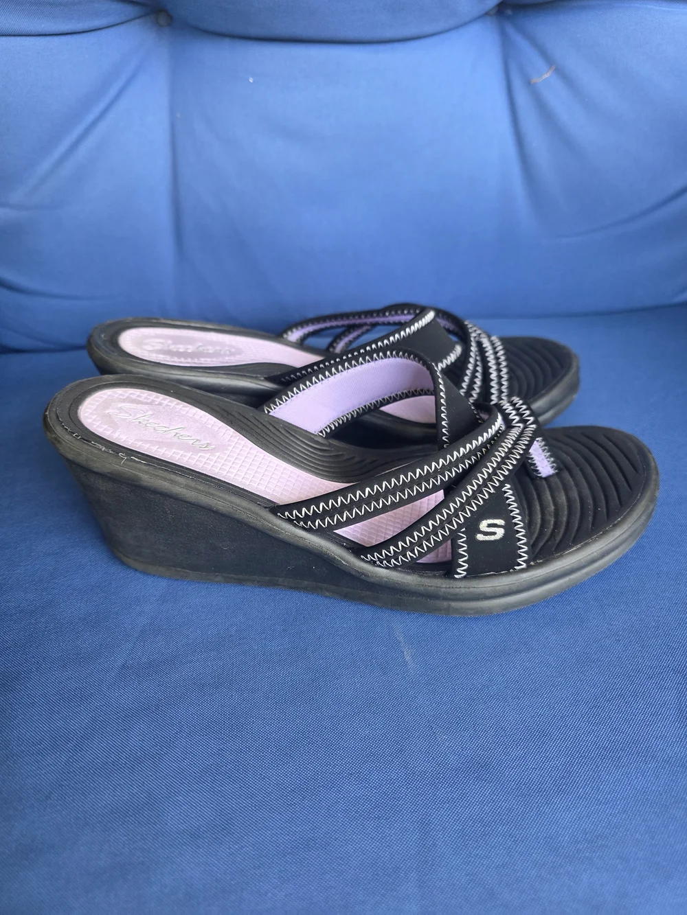Skechers Black Purple Comfort Sandals Slip‑On Strappy Walking Slides